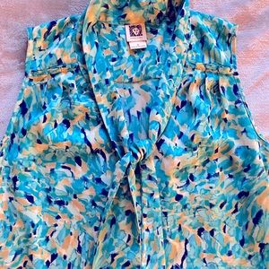 Sleeveless, blue/green/yellow watercolor blouse